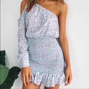 Floral one sleeve blue and pink dress size S